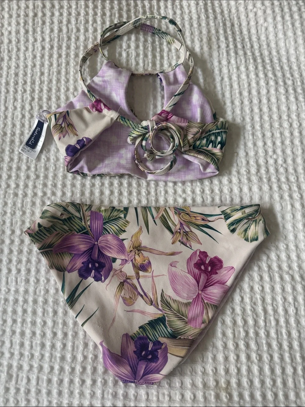Splendid Girls Tropical Leaf Print Bikini in Green, Purple, Cream